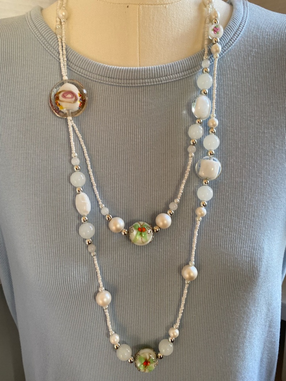 Vintage Asymmetrical Lampwork Floral & Uranium Glass Necklace